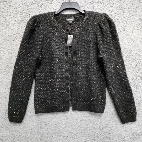 Express Cardigan Sweater Womens L Black Gold Detail Puff Shoulder Wool Blend NEW - Picture 2 of 14